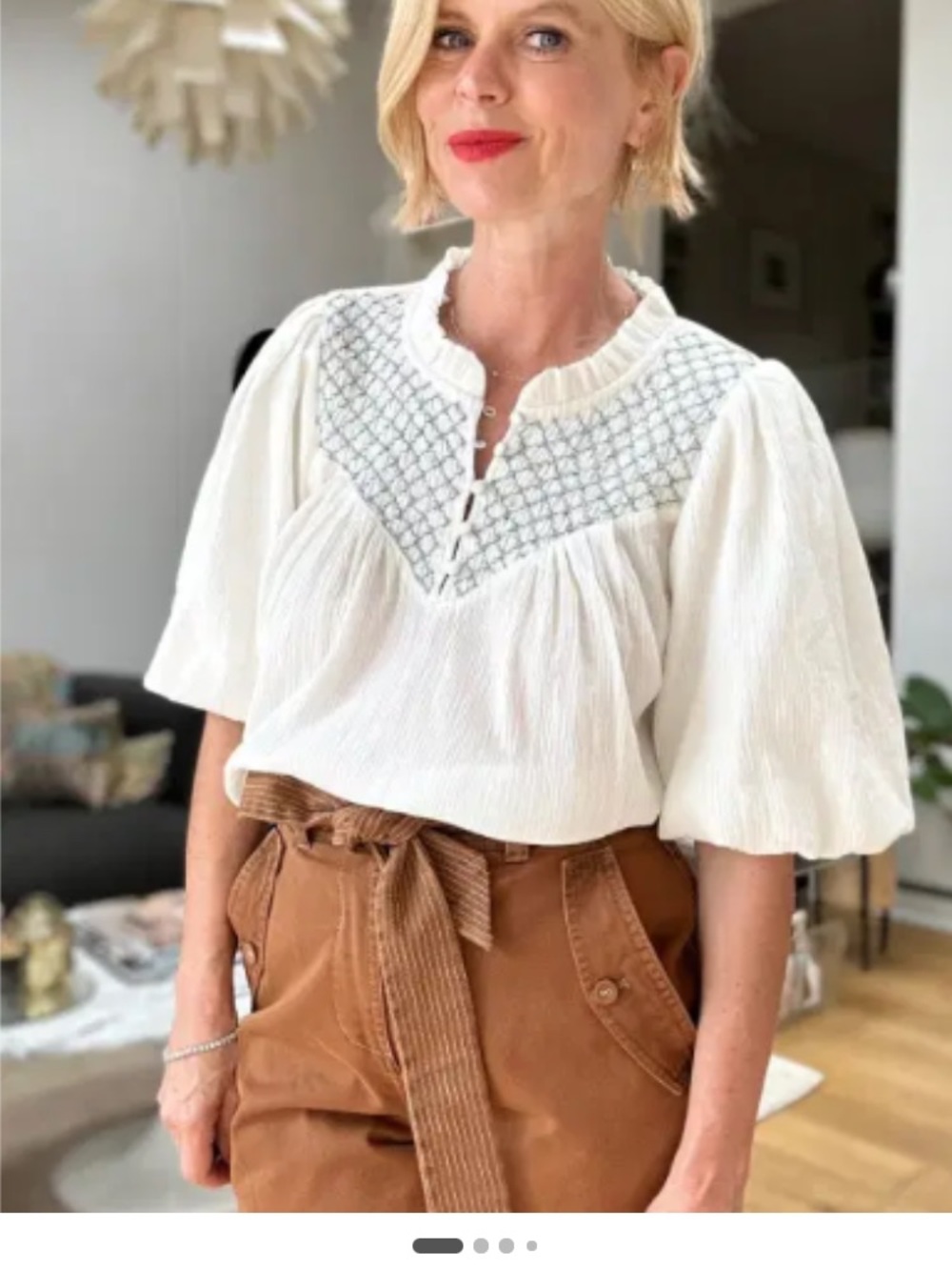 Cream with Blue details Textured Smocked Yoke Short Sleeve Blouse